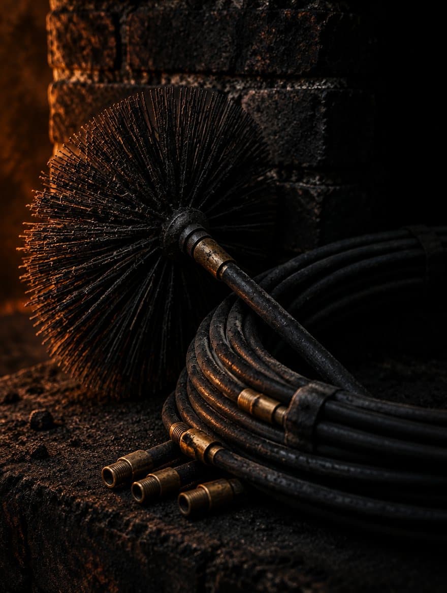A sweep's round bristle brush and coiled sweeping rods with brass couplings, resting against sooty brickwork